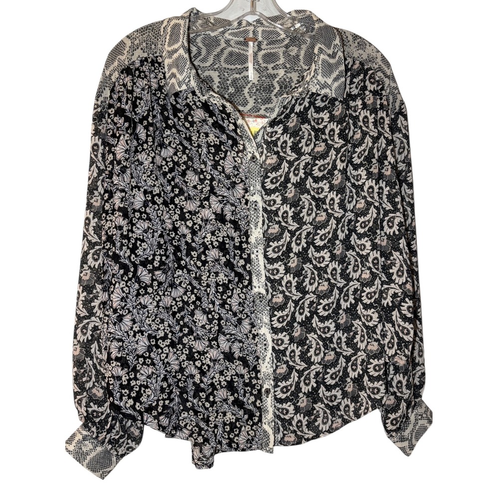Free People Blouse Womens Small Mixed Print Floral Snake Print Button Down